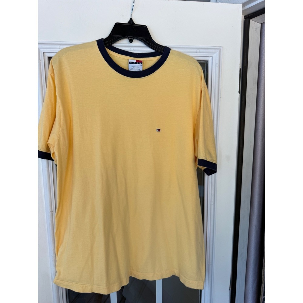 Vtg Tommy Hilfiger yellow cotton ringer t-shirt w navy blue collar/sleeve trim